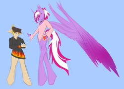 Size: 852x610 | Tagged: safe, artist:skygunner, oc, oc:magic meat, oc:trade jack, alicorn, pony, unicorn, anthro, unguligrade anthro, blue background, boyfriend, colored sketch, colored wings, feathered wings, gay, gradient wings, hat, large wings, male, simple background, sweat, tall, wings