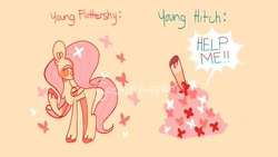 Size: 1280x720 | Tagged: safe, artist:sockiepuppetry, fluttershy, hitch trailblazer, butterfly, earth pony, pegasus, pony, g5, my little pony: a new generation, adorable distress, blushing, colt, colt hitch trailblazer, critter magnet, cute, duo, female, filly, filly fluttershy, hair over one eye, hitchbetes, male, raised hoof, shyabetes, simple background, those critters sure do love that pony, unshorn fetlocks, younger