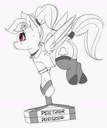 Size: 1666x1982 | Tagged: safe, artist:pabbley, rainbow dash, pegasus, pony, g4, alternate hairstyle, clothes, delivery pony, female, flying, grayscale, hoof strap, mare, monochrome, partial color, peetzer, pizza box, ponytail, solo, stockings, sweat, thigh highs