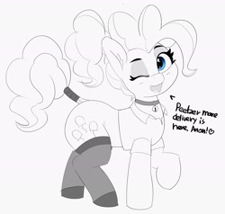 Size: 2428x2308 | Tagged: safe, artist:pabbley, pinkie pie, earth pony, pony, g4, bell, bell collar, clothes, collar, dialogue, eyeshadow, female, grayscale, high res, implied anon, looking at you, makeup, mare, monochrome, one eye closed, open mouth, open smile, partial color, peetzer, ponytail, simple background, smiling, solo, stockings, tail, tail wrap, thigh highs, white background, wink, winking at you