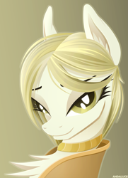 Size: 2181x3020 | Tagged: safe, artist:andaluce, oc, oc only, oc:sunny northfleet, pony, bust, chest fluff, female, gradient background, high res, jewelry, lineless, looking at you, mare, necklace, smiling, smiling at you, solo