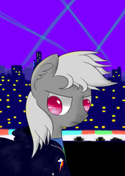 Size: 4960x7016 | Tagged: safe, artist:twinblade edge, oc, oc only, oc:twinblade edge, pony, badge, cape, city lights, clothes, looking at you, night, solo