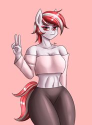 Size: 1400x1900 | Tagged: safe, artist:zachc, sugar moonlight, earth pony, anthro, g5, my little pony: a new generation, breasts, clothes, female, looking at you, midriff, peace sign, pink background, sexy, shoulderless, simple background, solo, stupid sexy sugar moonlight