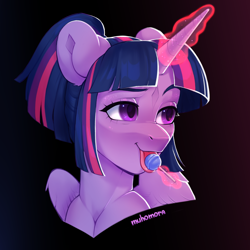 Size: 1500x1500 | Tagged: safe, artist:muhomora, twilight sparkle, alicorn, pony, collaboration:too many twilight, g4, alternate hairstyle, bust, candy, collaboration, female, food, licking, lollipop, magic, mare, pigtails, portrait, solo, telekinesis, tongue out, twilight sparkle (alicorn)