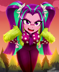 Size: 1784x2163 | Tagged: safe, artist:the-butch-x, aria blaze, human, equestria girls, equestria girls specials, g4, my little pony equestria girls: better together, my little pony equestria girls: sunset's backstage pass, angry, breasts, female, forest, greenbutt pants, hand on hip, looking at you, music festival outfit, open mouth, pigtails, pine tree, redraw, solo, tree, tsundaria, tsundere, twintails