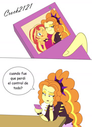 Size: 1280x1754 | Tagged: safe, artist:crock2121, adagio dazzle, sunset shimmer, equestria girls, equestria girls specials, g4, my little pony equestria girls: better together, my little pony equestria girls: spring breakdown, my little pony equestria girls: sunset's backstage pass, cellphone, cheek squish, clothes, comic, cruise outfit, dialogue, female, lesbian, phone, ship:sunsagio, shipping, simple background, smartphone, solo, spanish, spiked headband, squishy cheeks, translated in the description, white background