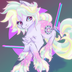 Size: 3000x3000 | Tagged: safe, artist:umbrapone, oc, oc:bass-beat, earth pony, pony, abstract background, bat ears, butt fluff, butt freckles, chest fluff, coat markings, dancing, dappled, elbow fluff, freckles, green mane, high res, long tail, multicolored hair, pink mane, short mane, shoulder fluff, tail, unshorn fetlocks, yellow mane