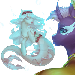 Size: 1280x1280 | Tagged: safe, artist:melodyboundless, oc, oc only, merpony, pony, seapony (g4), unicorn, blue eyes, bubble, curved horn, deviantart watermark, dorsal fin, female, fins, fish tail, flowing mane, flowing tail, horn, lipstick, looking at each other, obtrusive watermark, ocean, simple background, tail, transparent background, underwater, water, watermark