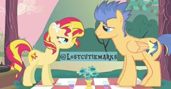 Size: 1014x531 | Tagged: safe, artist:twifanclub, edit, edited screencap, screencap, flash sentry, sunset shimmer, pegasus, pony, unicorn, g4, hearts and hooves day (episode), character swap, female, looking at each other, male, mare, ship:flashimmer, shipping, stallion, straight