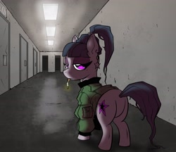 Size: 2780x2400 | Tagged: safe, artist:swagstapiece, oc, oc only, earth pony, pony, butt, cigarette, clothes, female, frown, hallway, high res, jacket, lidded eyes, looking at you, looking back, looking back at you, mare, plot, solo