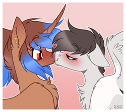 Size: 1219x1094 | Tagged: safe, artist:krypticquartz, oc, oc only, oc:heart sketch, pegasus, pony, unicorn, blushing, chest fluff, commission, eyes closed, female, floating heart, floppy ears, gradient background, heart, kissing, male, mare, oc x oc, shipping, stallion, white outline, ych result