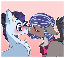 Size: 1219x1094 | Tagged: safe, artist:krypticquartz, oc, oc only, bat pony, earth pony, pony, blushing, clothes, commission, eyes closed, female, floating heart, gradient background, heart, kissing, mare, oc x oc, scarf, shipping, ych result