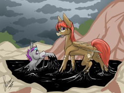 Size: 4000x3000 | Tagged: safe, alternate character, alternate version, artist:stirren, oc, oc only, donkey, pegasus, pony, blushing, butt, cloud, commission, day, donkey oc, duo, folded wings, horn, looking at you, looking back, looking back at you, male, outdoors, pegasus oc, peril, pit, plot, quicksand, scared, signature, sinking, sky, stuck, tar, wings, ych result