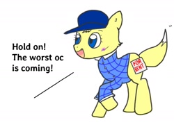 Size: 1416x1036 | Tagged: safe, artist:foxy1219, oc, oc only, oc:foxy whooves, fox, fox pony, hybrid, pony, blank flank, cap, clothes, fangs, hat, male, plaid shirt, reaction image, reference sheet, shirt, simple background, solo, species swap, talking, white background