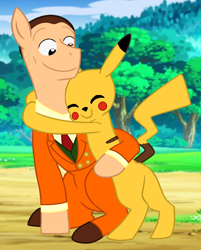 Size: 858x1066 | Tagged: safe, artist:nathaniel718, earth pony, pikachu, pony, giovanni, hug, male, pokémon, ponified, stallion