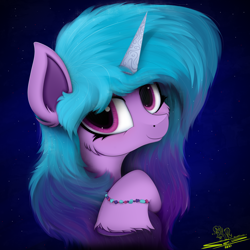 Size: 4000x4000 | Tagged: safe, artist:ser-p, izzy moonbow, pony, unicorn, g5, my little pony: a new generation, absurd resolution, bracelet, bust, female, jewelry, looking at you, mare, portrait, smiling, smiling at you, solo, stars