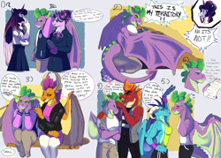 Size: 3500x2500 | Tagged: safe, artist:theartfox2468, garble, princess ember, smolder, spike, starlight glimmer, twilight sparkle, alicorn, dragon, unicorn, anthro, g4, blushing, dialogue, dragoness, female, height difference, high res, male, mare, noogie, older, older spike, puberty, speech bubble, story included, twilight sparkle (alicorn), winged spike, wings