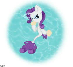 Size: 698x637 | Tagged: safe, artist:doct0rnop3, rarity, seapony (g4), unicorn, g4, blue eyes, blue mane, bubble, colored pupils, dorsal fin, fan, female, fish tail, flowing mane, flowing tail, lidded eyes, looking at you, ocean, seaponified, seapony rarity, signature, simple background, solo, species swap, tail, underwater, water, white background