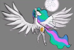 Size: 1336x900 | Tagged: safe, artist:lefi32, princess celestia, alicorn, pony, g4, eyes closed, female, flying, gray background, horn, mare in the moon, moon, simple background, smiling, solo, wings