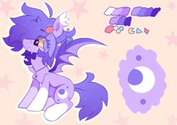 Size: 1383x981 | Tagged: safe, artist:sugaryyflower, oc, oc only, oc:lavendersugar, bat pony, pony, abstract background, accessory, bat pony oc, coat markings, cutie mark, female, jewelry, lavender, mane, necklace, purple, reference sheet, sitting, socks (coat markings), solo