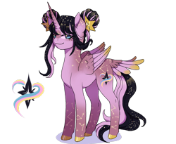 Size: 1754x1440 | Tagged: safe, artist:brot-art, oc, oc only, alicorn, pony, alicorn oc, butt wings, constellation, female, folded wings, full body, hair bun, horn, magical lesbian spawn, mare, offspring, palindrome get, parent:princess cadance, parent:princess luna, shadow, simple background, smiling, solo, standing, tail, transparent background, wings