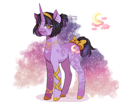 Size: 1280x1051 | Tagged: safe, artist:brot-art, oc, oc only, pony, unicorn, bow, coat markings, concave belly, crescent moon, female, hoof polish, horn, magical lesbian spawn, mare, moon, offspring, parent:princess amore, parent:princess luna, simple background, slender, smiling, solo, stars, tail, tail bow, thin, transparent background, unicorn oc