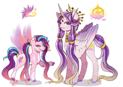 Size: 1280x905 | Tagged: safe, artist:brot-art, oc, oc only, alicorn, earth pony, pony, alicorn oc, artificial wings, augmented, duo, earth pony oc, female, hoof polish, horn, magic, magic wings, magical lesbian spawn, mare, offspring, parent:princess cadance, parent:princess celestia, raised hoof, simple background, smiling, transparent background, wings