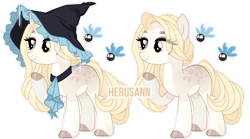 Size: 8000x4444 | Tagged: safe, artist:herusann, oc, oc only, earth pony, parasprite, pony, base used, choker, duo, earth pony oc, eye clipping through hair, eyelashes, female, hat, hoof polish, mare, simple background, smiling, transparent background, witch hat