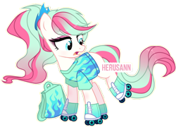Size: 3690x2660 | Tagged: safe, artist:herusann, artist:mint-light, oc, oc only, earth pony, pony, bag, base used, clothes, earth pony oc, eyelashes, female, high res, looking back, mare, roller skates, simple background, smiling, solo, transparent background