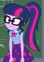 Size: 504x705 | Tagged: safe, screencap, sci-twi, twilight sparkle, equestria girls, equestria girls specials, g4, my little pony equestria girls: better together, my little pony equestria girls: holidays unwrapped, the cider louse fools, <:|, arms down, chalkboard, clothes, cropped, cutie mark on clothes, disappointed, drat, female, geode of telekinesis, glasses, jewelry, magical geodes, pendant, polo shirt, skirt, solo