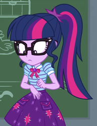 Size: 560x726 | Tagged: safe, screencap, sci-twi, twilight sparkle, equestria girls, equestria girls specials, g4, my little pony equestria girls: better together, my little pony equestria girls: holidays unwrapped, the cider louse fools, :|, bowtie, clothes, cropped, cutie mark on clothes, female, geode of telekinesis, glasses, huh, jewelry, looking down, magical geodes, pendant, polo shirt, ponytail, sci-twi skirt, skirt, solo