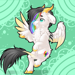 Size: 2834x2834 | Tagged: safe, artist:schokocream, oc, oc only, oc:lightning bliss, alicorn, pony, abstract background, chest fluff, cloven hooves, colored wings, female, high res, horns, leonine tail, mare, solo, tail, two toned wings, wings