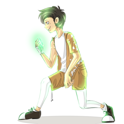 Size: 1984x1984 | Tagged: safe, artist:schokocream, oc, oc only, oc:tyandaga, human, clothes, converse, gem, glowing hands, humanized, male, shoes, shorts, simple background, smiling, white background