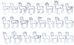 Size: 3000x1820 | Tagged: safe, artist:royvdhel-art, oc, oc only, pegasus, pony, unicorn, female, horn, lineart, male, mare, nudity, pegasus oc, sheath, size chart, size comparison, stallion, unicorn oc