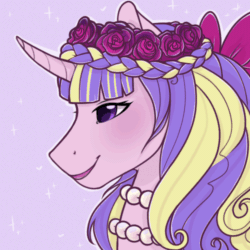 Size: 500x500 | Tagged: safe, artist:royvdhel-art, oc, oc only, pony, unicorn, animated, blinking, bust, commission, female, floral head wreath, flower, gif, jewelry, lipstick, mare, necklace, pearl necklace, pink background, simple background, smiling, ych result
