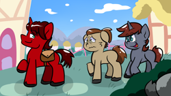 Size: 2560x1440 | Tagged: safe, artist:tranzmuteproductions, oc, oc only, pony, unicorn, bag, horn, male, outdoors, raised hoof, saddle bag, smiling, stallion, unicorn oc, worried