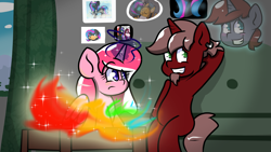 Size: 2560x1440 | Tagged: safe, artist:tranzmuteproductions, oc, oc only, oc:obabscribbler, alicorn, pony, alicorn oc, arm behind head, female, glowing, glowing horn, grin, horn, indoors, magic, mare, smiling, telekinesis, wings