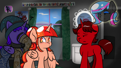 Size: 2560x1440 | Tagged: safe, artist:tranzmuteproductions, oc, oc only, oc:obabscribbler, alicorn, pony, unicorn, alicorn oc, facehoof, female, hat, horn, indoors, male, mare, stallion, unamused, unicorn oc, wings, witch hat