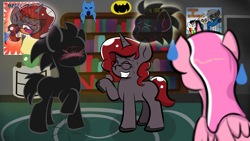 Size: 2560x1440 | Tagged: safe, artist:tranzmuteproductions, oc, oc only, oc:curse word, oc:thelostnarrator, pony, unicorn, alicorn co, angry, blushing, female, grin, indoors, male, mare, smiling, stallion