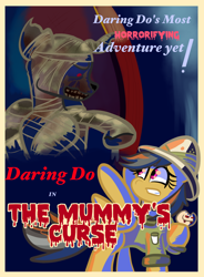 Size: 846x1147 | Tagged: safe, artist:tranzmuteproductions, daring do, oc, pegasus, pony, g4, clothes, duo, female, hat, looking back, mare, mummy, pith helmet, poster, wings