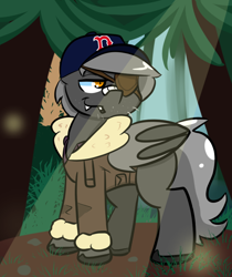 Size: 744x884 | Tagged: safe, artist:tranzmuteproductions, oc, oc only, oc:tranzmute, bat pony, pony, baseball cap, bat pony oc, bat wings, bomber jacket, cap, clothes, eyepatch, hat, jacket, male, outdoors, smiling, solo, stallion, wings