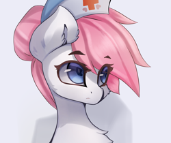 Size: 2689x2257 | Tagged: safe, artist:jfrxd, nurse redheart, earth pony, pony, g4, bust, chest fluff, eye clipping through hair, eyebrows, eyebrows visible through hair, female, hat, high res, nurse hat, simple background, solo, white background
