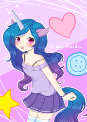 Size: 1000x1400 | Tagged: safe, artist:dddreamdraw, izzy moonbow, human, unicorn, g5, my little pony: a new generation, blushing, clothes, eared humanization, female, horn, horned humanization, humanized, open mouth, skirt, solo, stockings, thigh highs, thigh socks