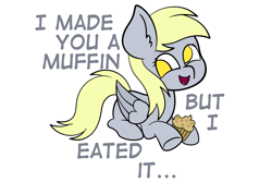 Size: 3000x2000 | Tagged: safe, artist:veeayydee, derpy hooves, pegasus, pony, g4, but i eated it, derpy being derpy, female, food, grammar error, high res, hoof hold, lying down, mare, muffin, no pupils, open mouth, positive body image, prone, simple background, smiling, solo, talking, talking to viewer, text, white background, wings
