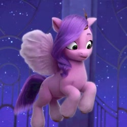 Size: 550x550 | Tagged: safe, screencap, pipp petals, pegasus, pony, g5, my little pony: a new generation, spoiler:my little pony: a new generation, adorapipp, confused, cropped, cute, eyebrows, female, glowin' up, mare, purple mane, purple tail, solo, spread wings, tail, unshorn fetlocks, wings