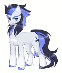 Size: 963x1128 | Tagged: safe, artist:pparsley, oc, oc only, earth pony, pony, beautiful eyes, blue eyes, bushy brows, coat markings, colored eyebrows, colored pupils, earth pony oc, eyelashes, gray coat, hock fluff, looking at you, pale belly, signature, simple background, socks (coat markings), solo, tail, two toned mane, two toned tail, unobtrusive watermark, white background, white belly