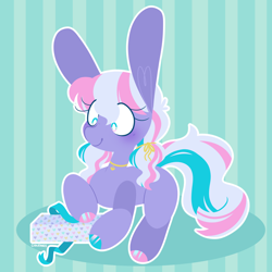 Size: 2160x2160 | Tagged: safe, artist:glowfangs, razzaroo, earth pony, pony, g3, g4, aqua background, big ears, blue background, choker, colored hooves, female, g3 to g4, generation leap, high res, hoof polish, lying down, mare, mismatched hooves, pigtails, present, prone, ribbon, simple background, sitting, solo, striped background