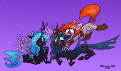 Size: 1935x1138 | Tagged: safe, artist:opossum-stuff, queen chrysalis, oc, oc:iron filigree, oc:queen fylifa, changeling, changeling queen, pony, unicorn, g4, biting, blue changeling, boots, changeling queen oc, clothes, ear bite, female, goggles, mother and child, mother and daughter, pounce, ribbon, shoes, size difference, smiling, surprised