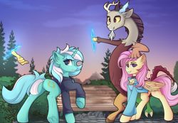 Size: 5500x3800 | Tagged: safe, artist:lakunae, discord, fluttershy, lyra heartstrings, draconequus, pegasus, pony, unicorn, g4, absurd resolution, bench, butt, clothes, eye clipping through hair, featureless crotch, female, frog (hoof), frown, grin, gritted teeth, hoodie, looking back, lyrebutt, magic, male, mare, outdoors, plot, portal, raised hoof, smiling, trio, underhoof