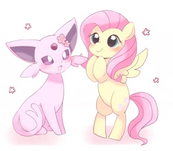 Size: 1959x1710 | Tagged: safe, artist:ginmaruxx, fluttershy, espeon, pegasus, pony, g4, bipedal, blushing, crossover, cute, duo, female, looking at someone, mare, pokémon, shyabetes, simple background, sitting, smiling, spread wings, standing, three quarter view, white background, wings